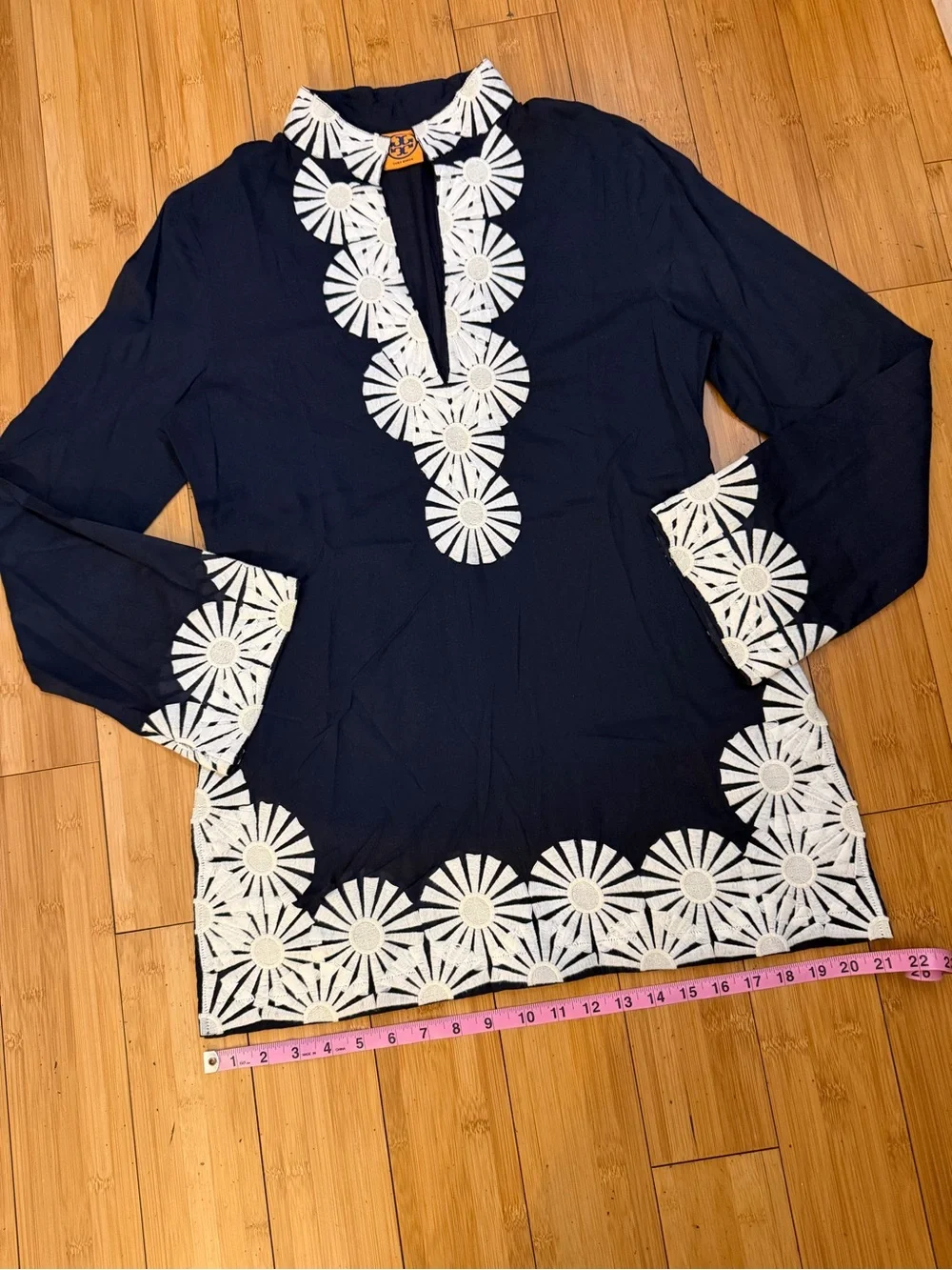 Tory Burch Navy Tunic Top Embroidered Trim Size 12